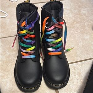 Dr. Martens Black and Red Combat Boots with Rainbow Laces